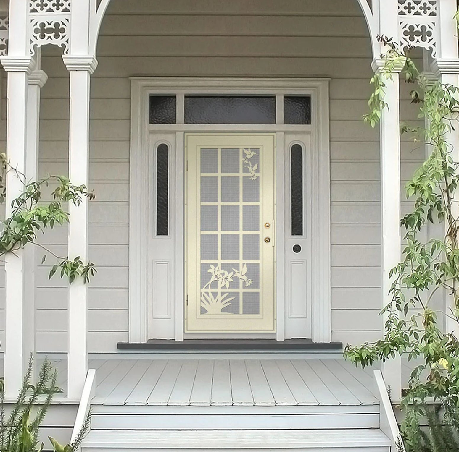 French Hummingbird Laser Cut Security Storm Door